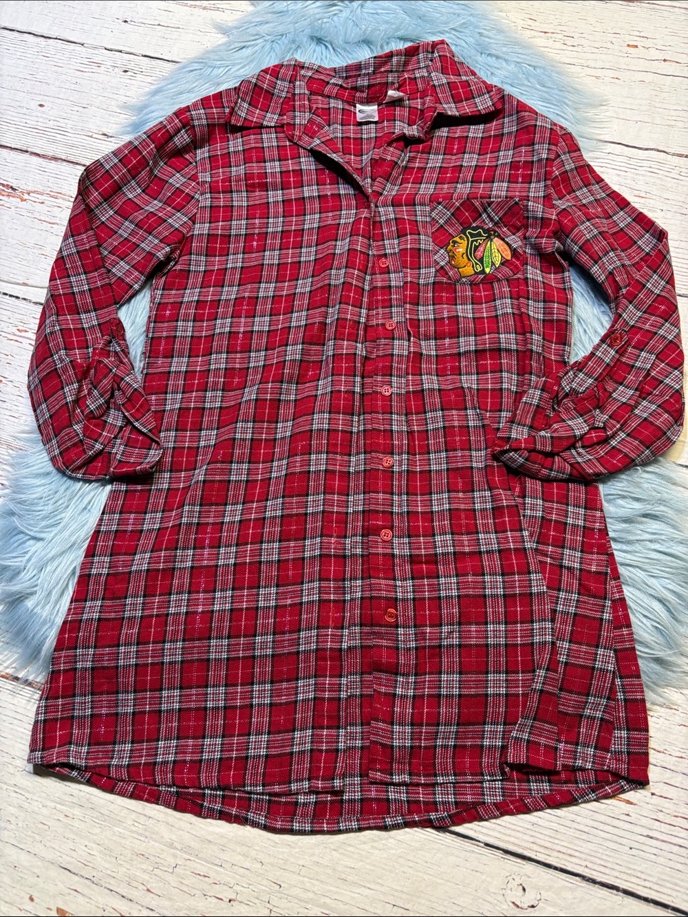 NHL Chicago Blackhawks Red Black White Plaid Flannel Pajama Shirt sz M
